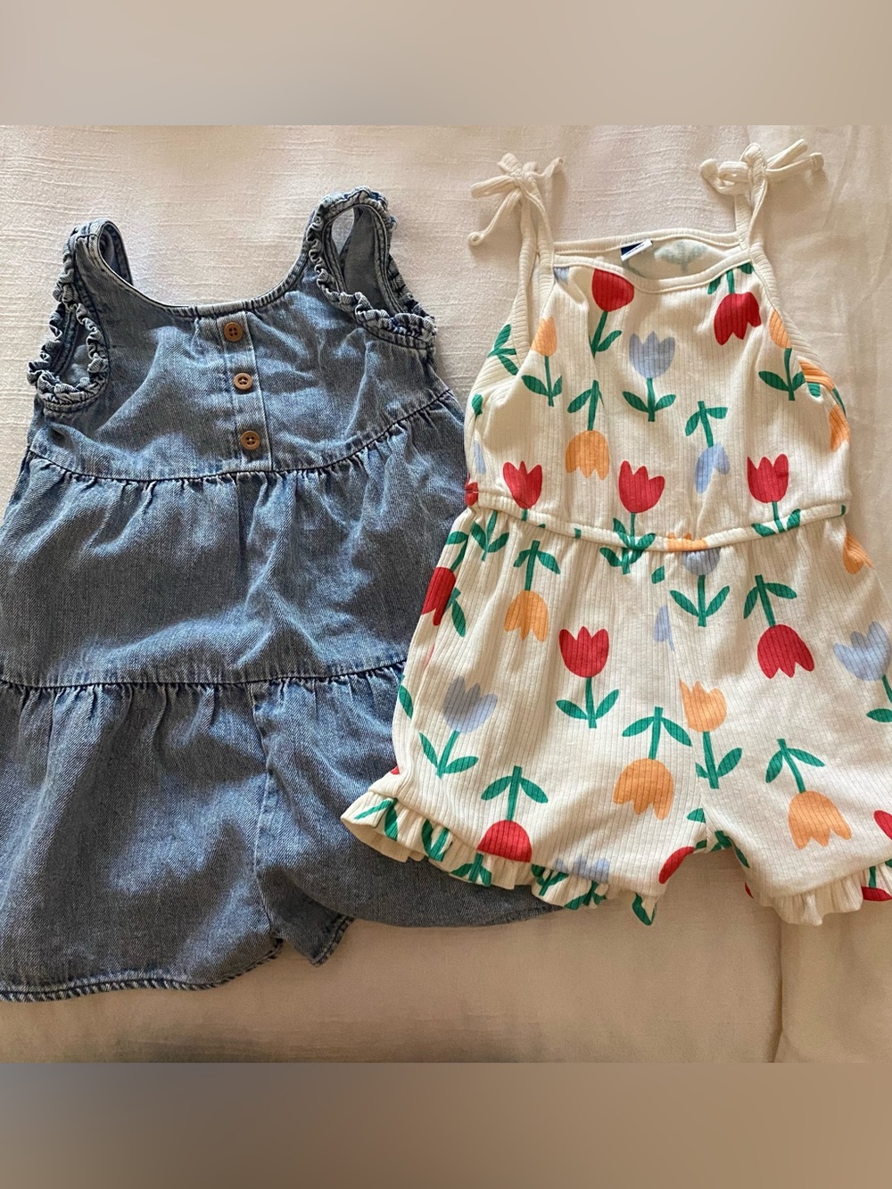 Kids Floral Tie-Shoulder Romper - White with Multicolor Tulips